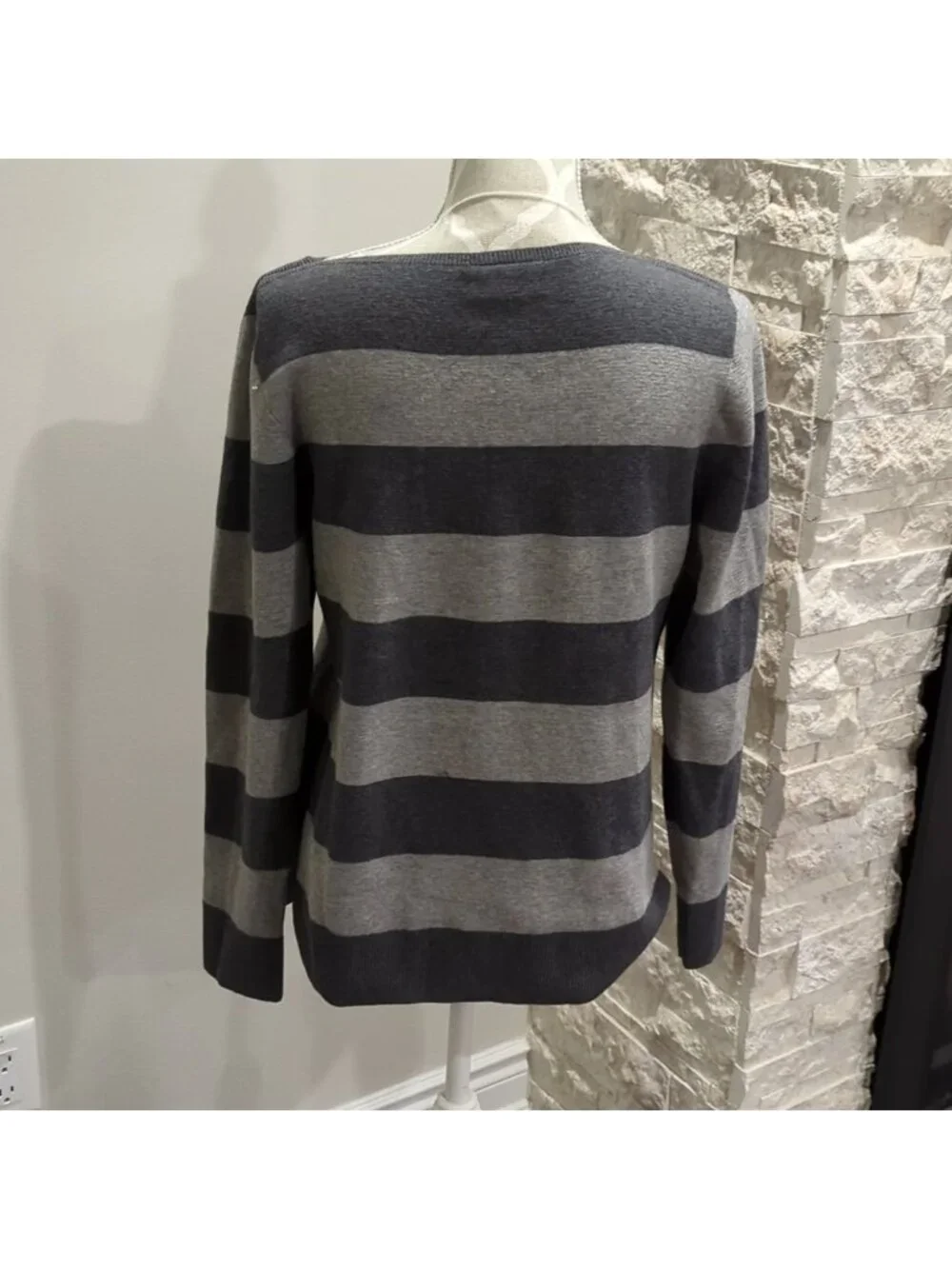 Bleu Gray Women’s Sweater / Size Small / Boat Neck Collar / Grey Striped